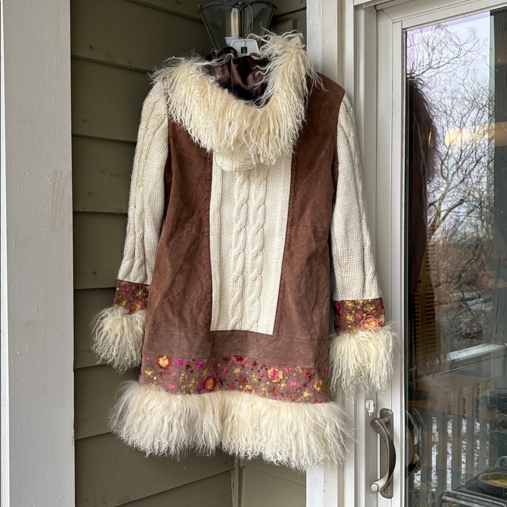 RARE Brown and Cream Penny lane style leather and sweater embroidered jacket. S. - Picture 3 of 11